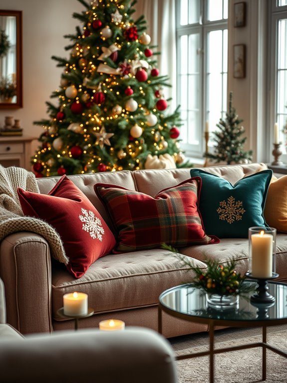 add colorful holiday cushions