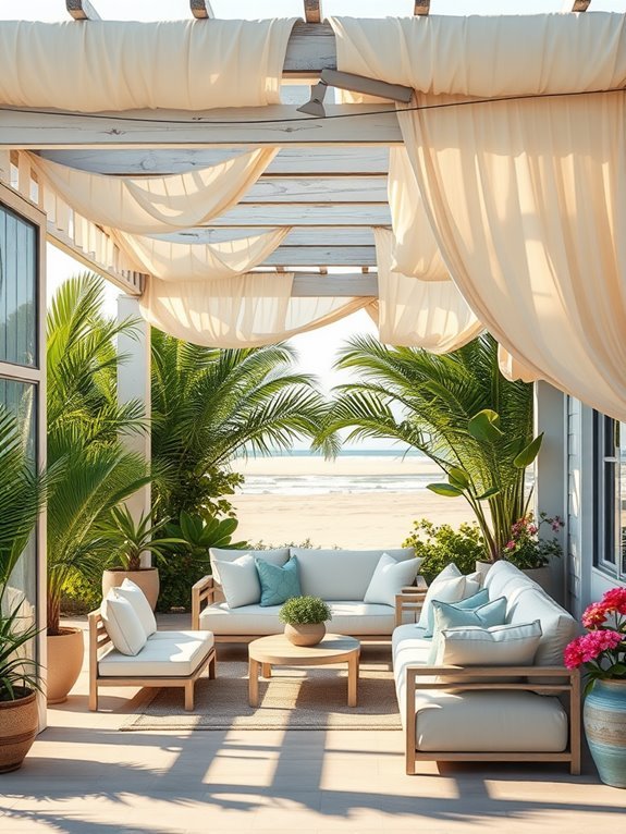 beachy pergola with drapes