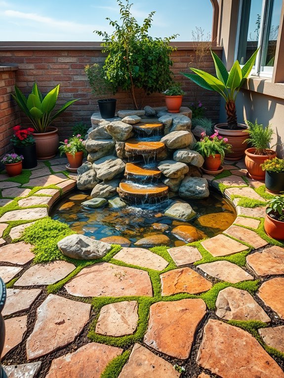 flagstone patio with fountain