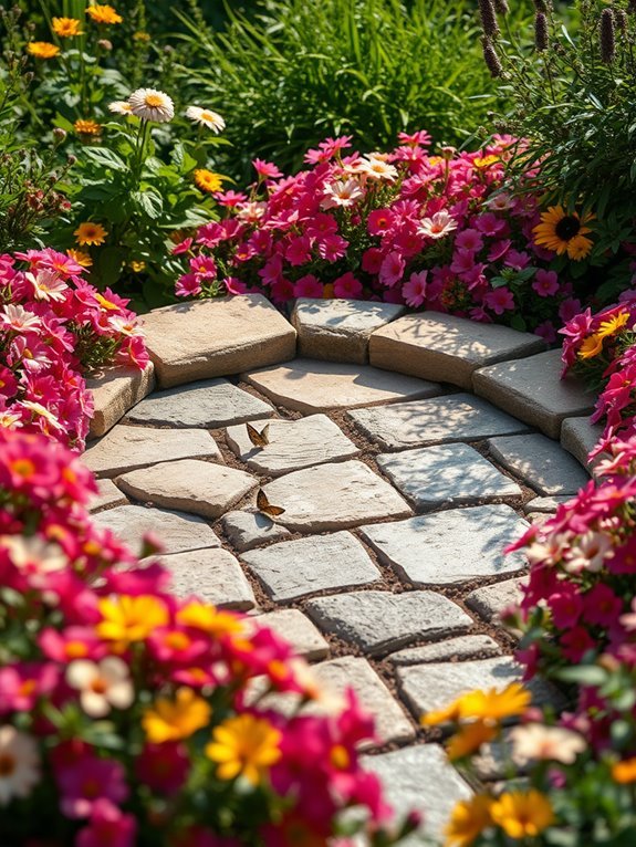 floral encircled stone patio