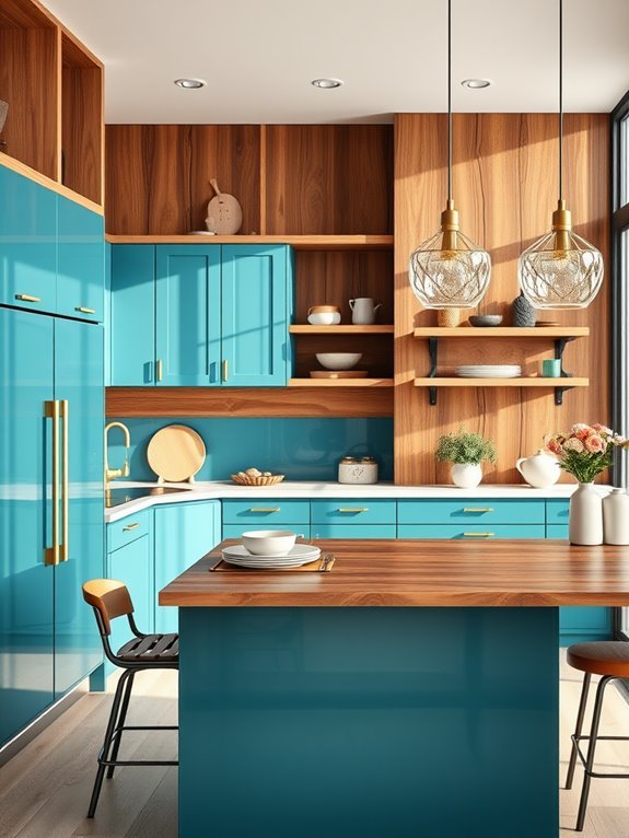 teal and wood combination