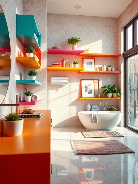 vibrant bathroom shelf decor