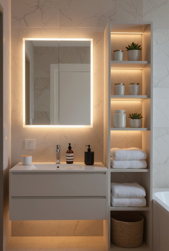 backlit floating shelves and cabinets