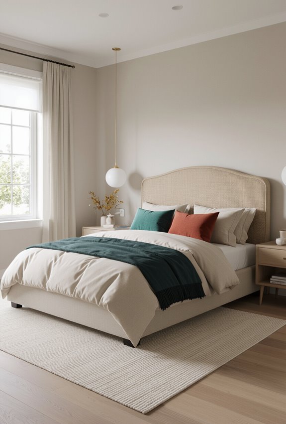 bed focused layered neutral drama