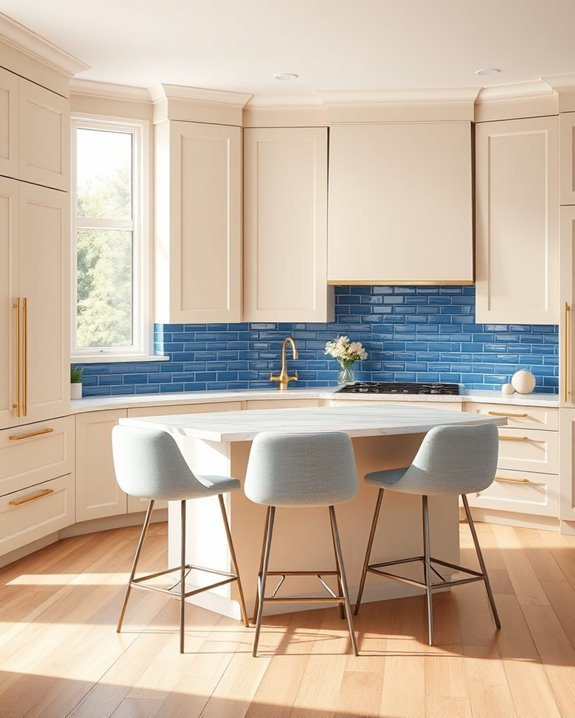 beige and blue kitchen contrast