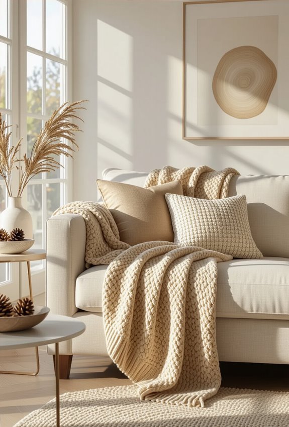 beige and gold layered throws