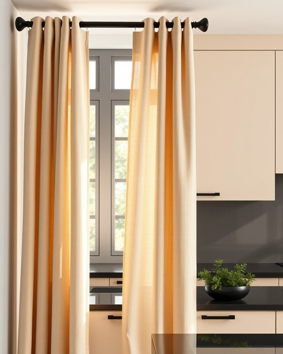 beige curtains with black rods