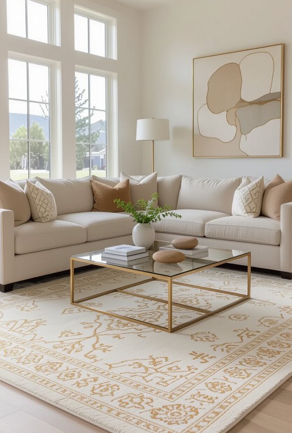 beige rug with gold
