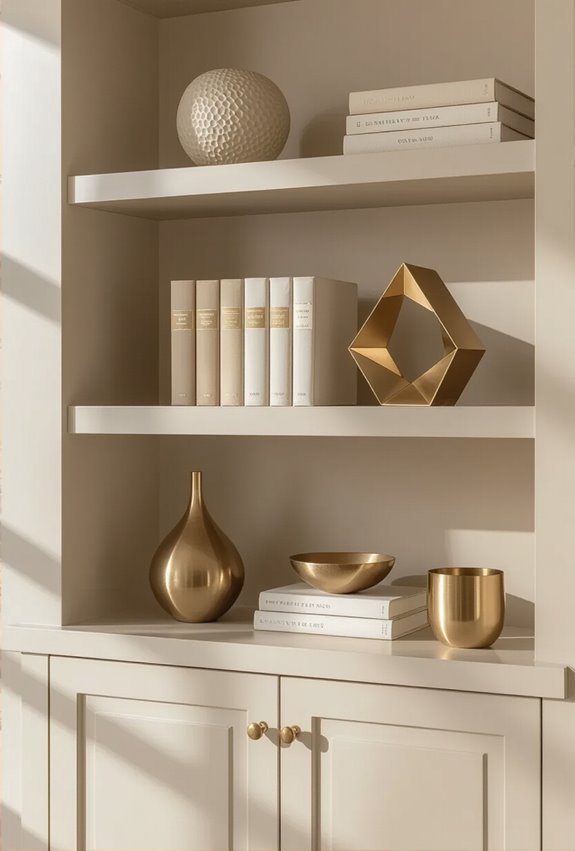 beige shelves with gold