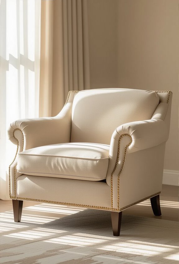 beige upholstery with gold trim
