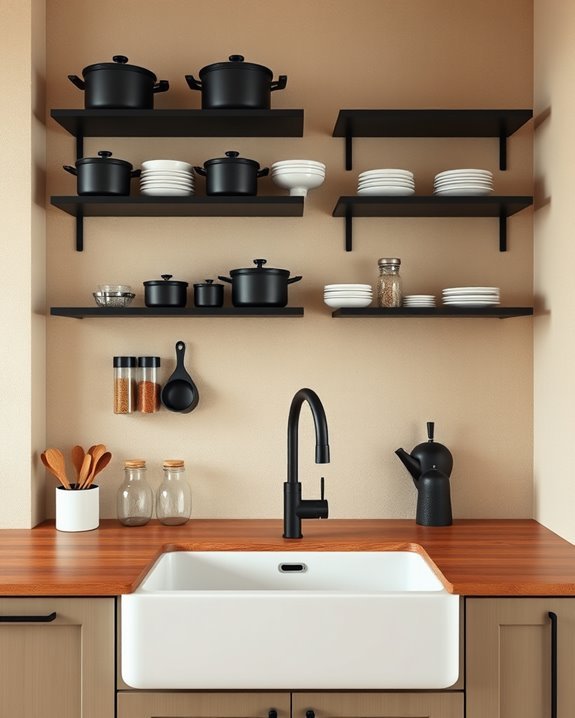 beige walls black shelving