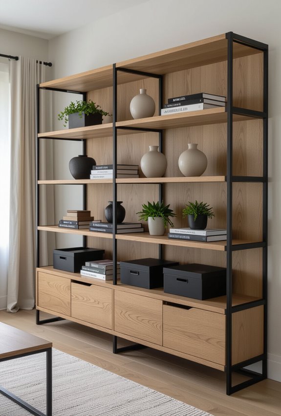 black and oak curated shelving