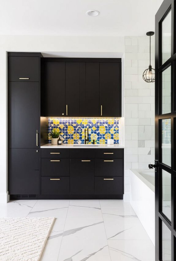 black cabinets colorful tiles