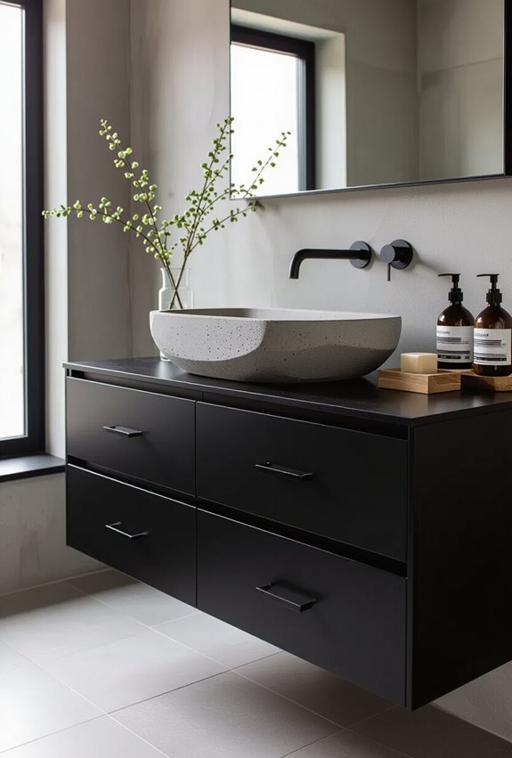 black cabinets concrete sinks