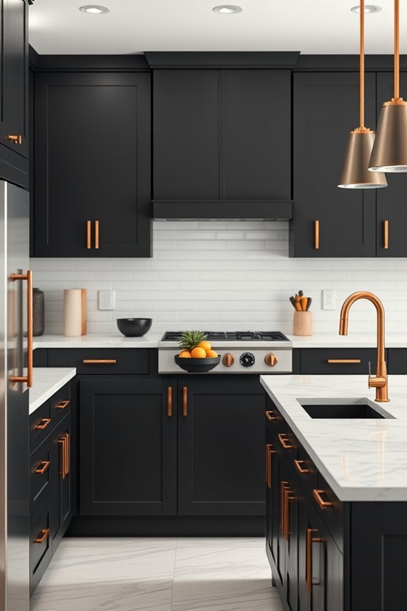 black cabinets copper fixtures