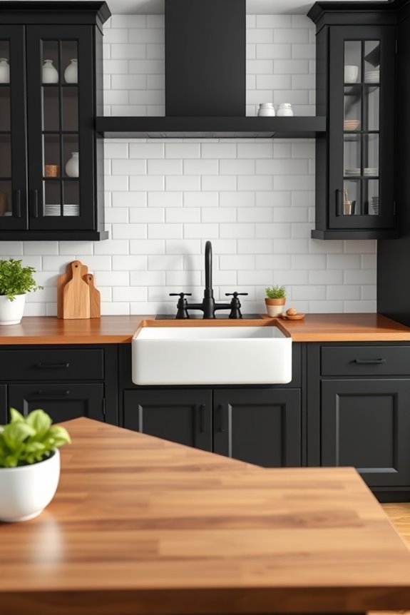 black cabinets farmhouse sink