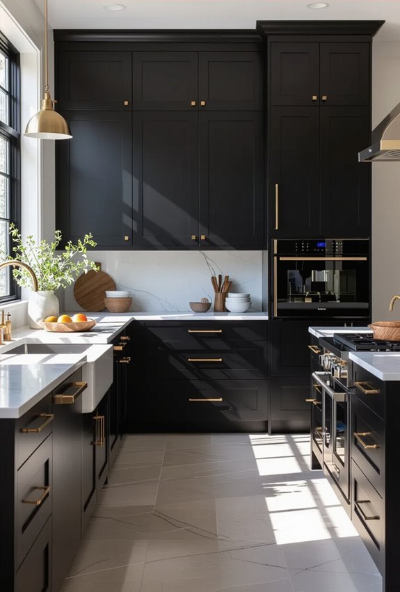 black cabinets high contrast backsplash