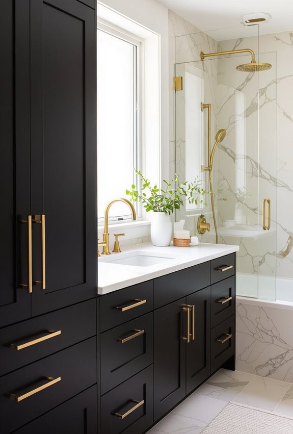 black cabinets with brass