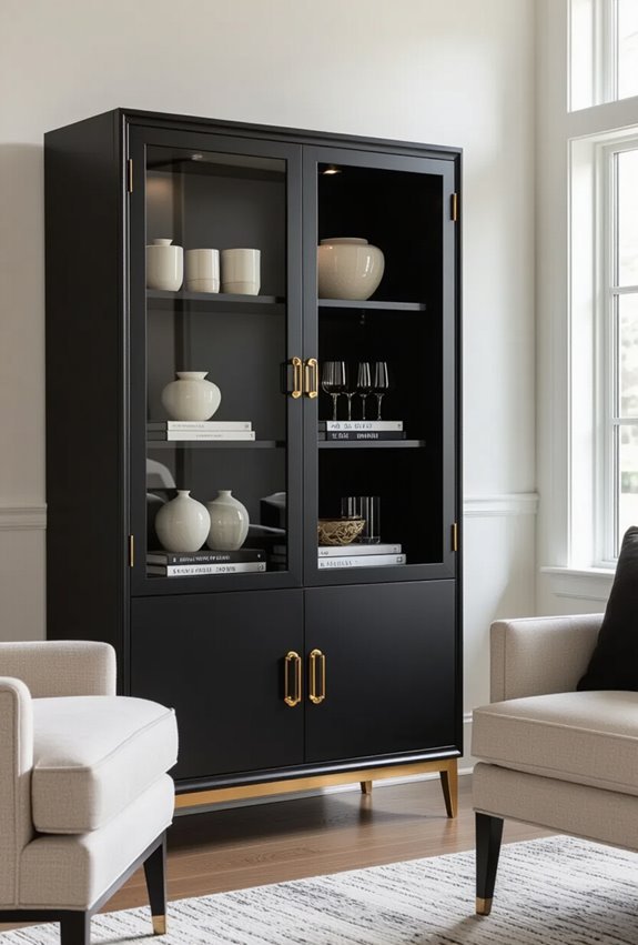 black cabinets with brass accents