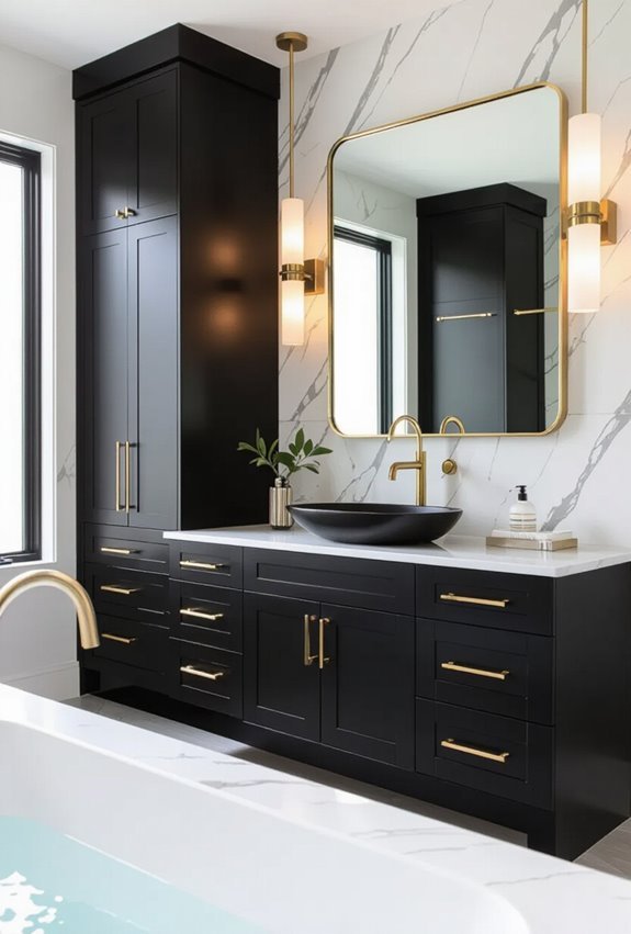 black cabinets with gold