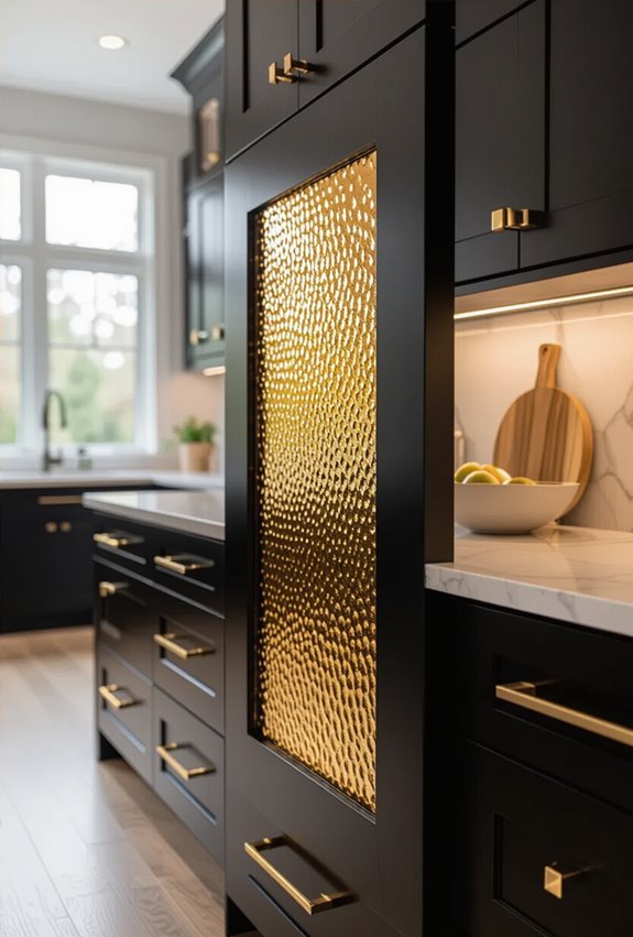 black cabinets with gold glass