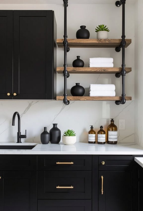 black cabinets with industrial pipe