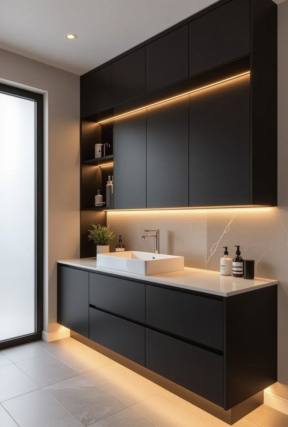 black cabinets with lighting