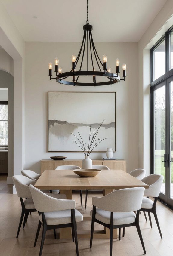black chandeliers frame artwork