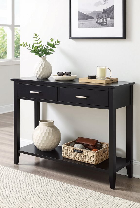black console tables with drawers