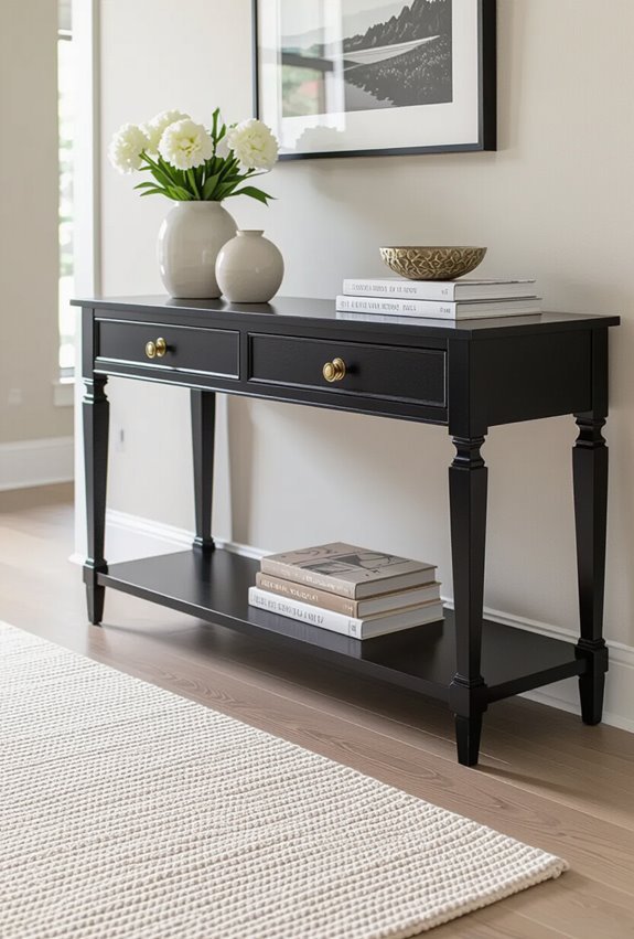 black console with decorative hardware