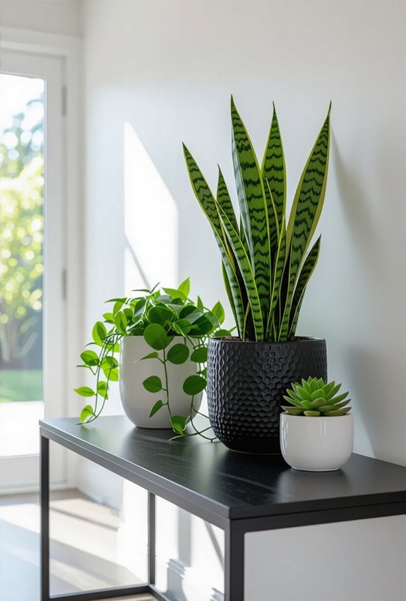black console with greenery