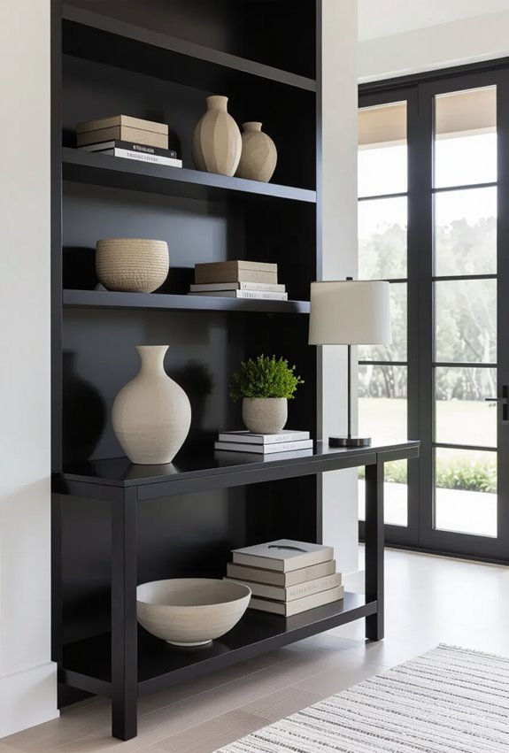 black console with shelving