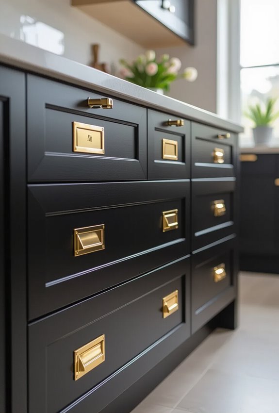 black drawers with gold