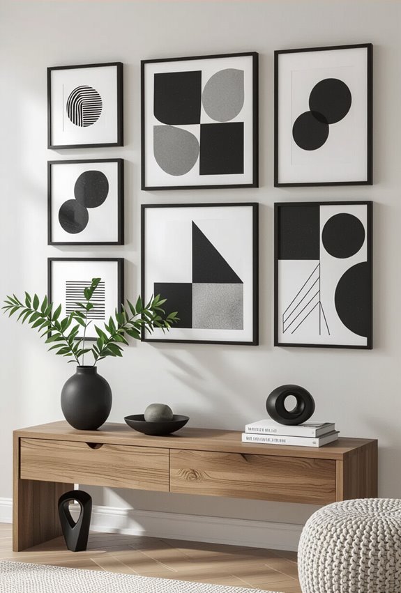 black framed eclectic art display