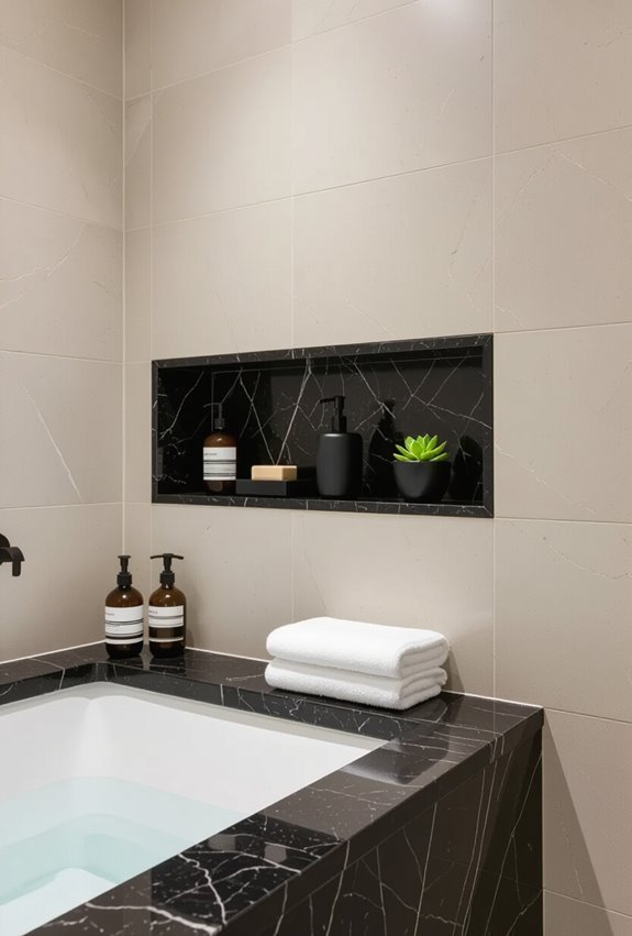 black granite shelves and niches