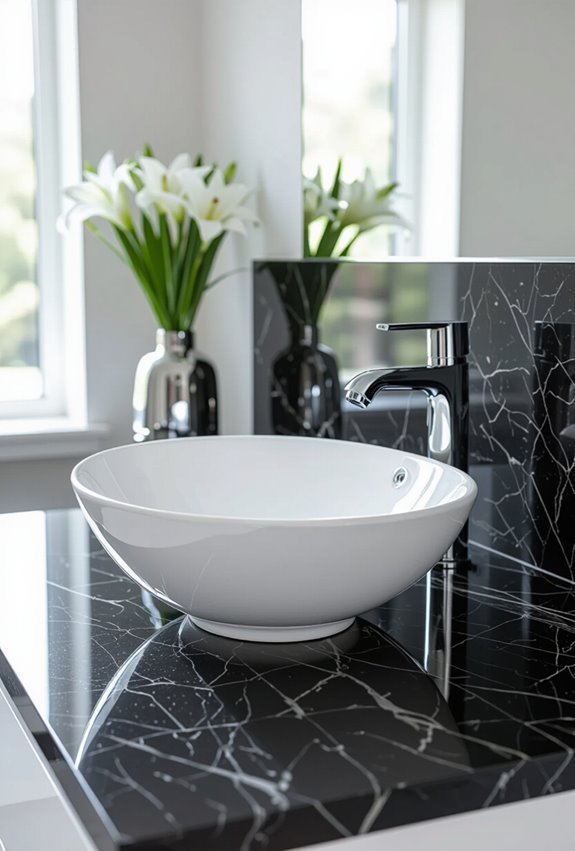 black granite with white fixtures