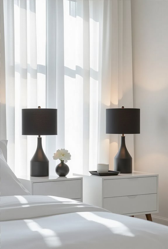 black lamps on white nightstands