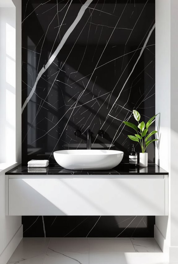 black marble dramatic bathroom focal