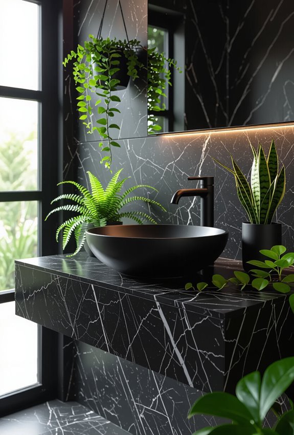 black marble with greenery