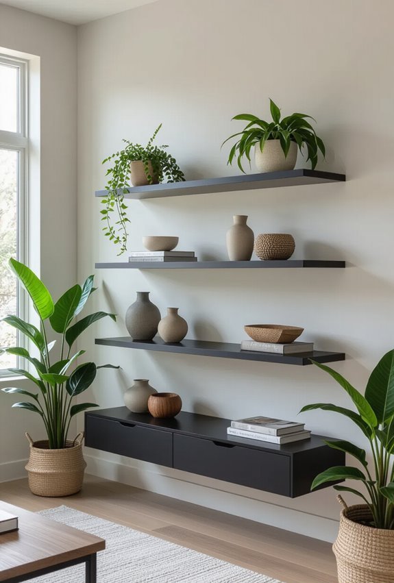 black shelves lush greenery contrast