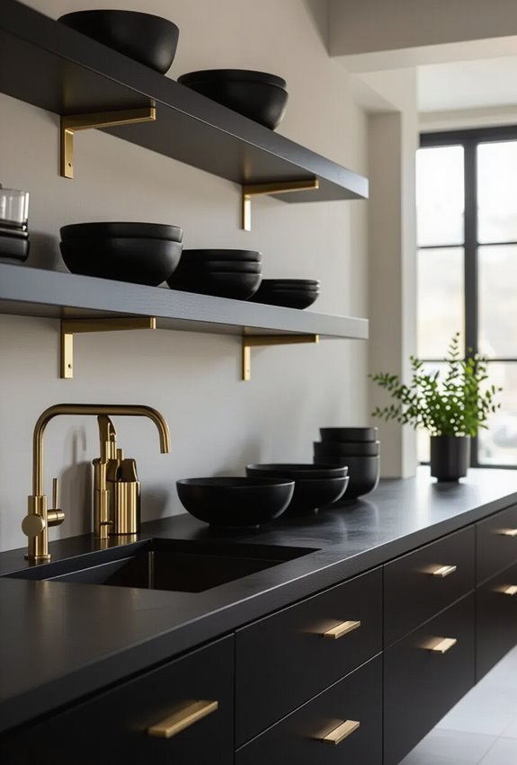 black shelves with gold brackets