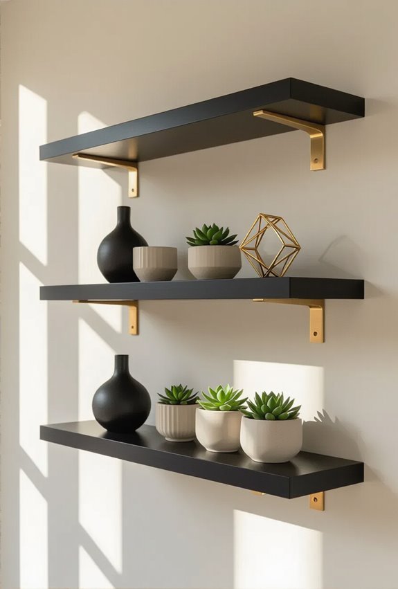 black shelves with gold brackets