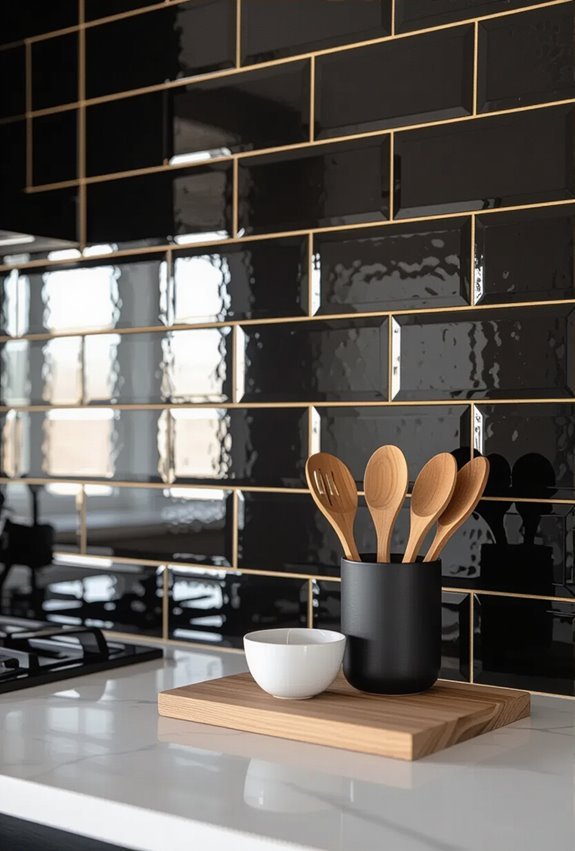 black subway tiles gold grout