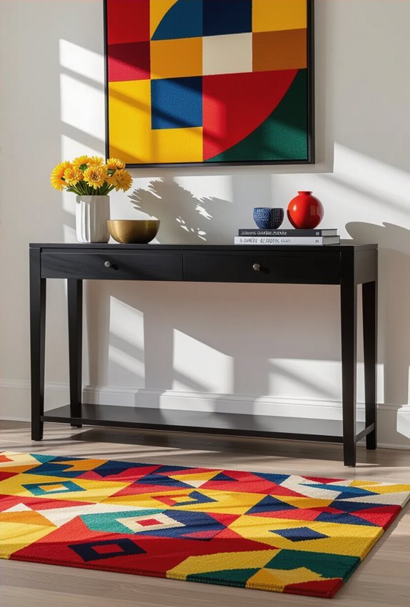 black table vibrant rug