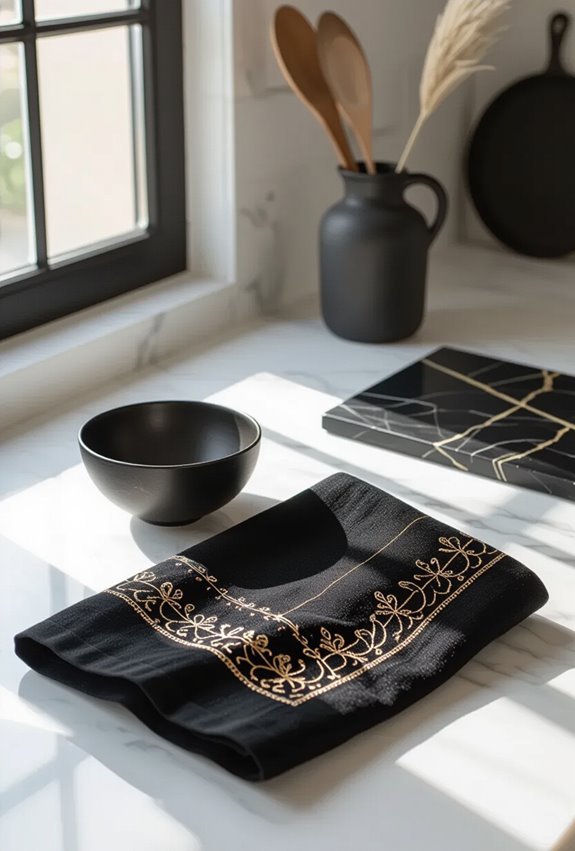 black textiles with goldwork
