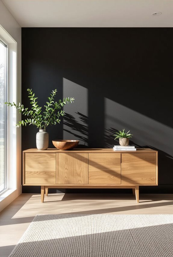 black walls accentuate warm wood