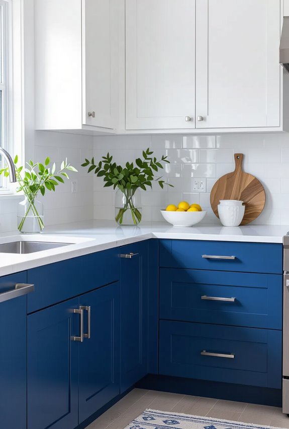 blue and white cabinets with sleek hardware