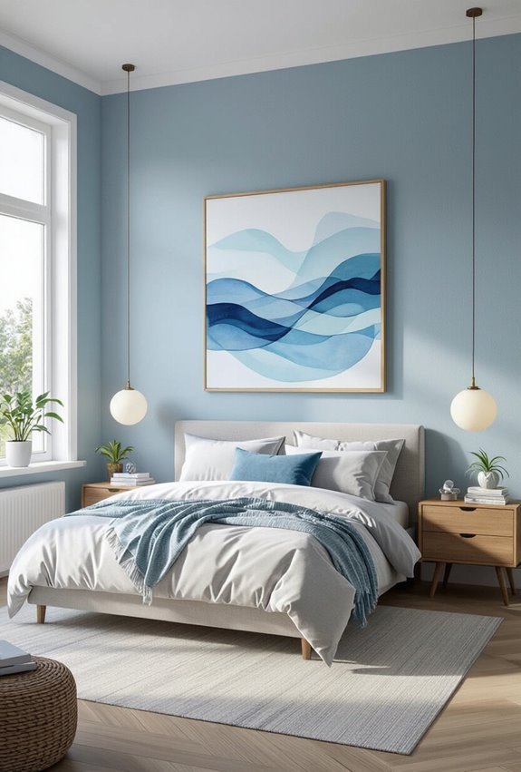 blue artwork soothes bedroom