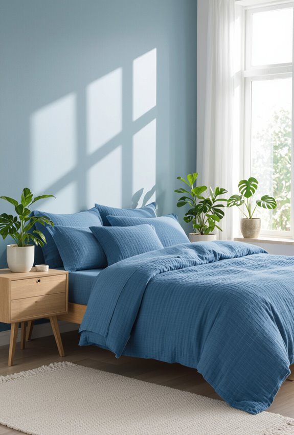 blue bedroom with plants