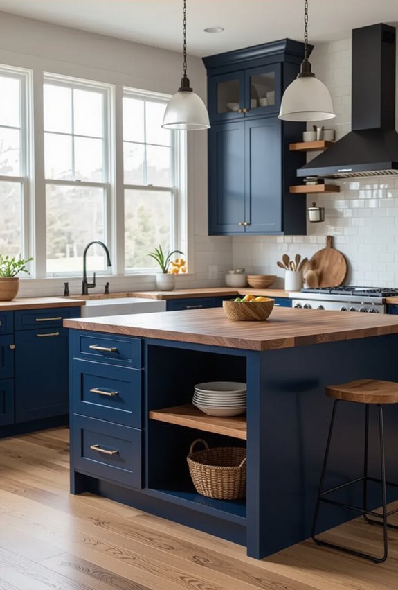 blue cabinets warm wood accents